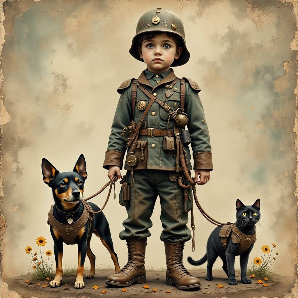 Dieselpunk Child Soldier on Vintage French Postcard