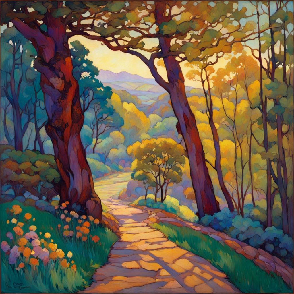 Luminous Landscape in Stained Glass Impasto Style