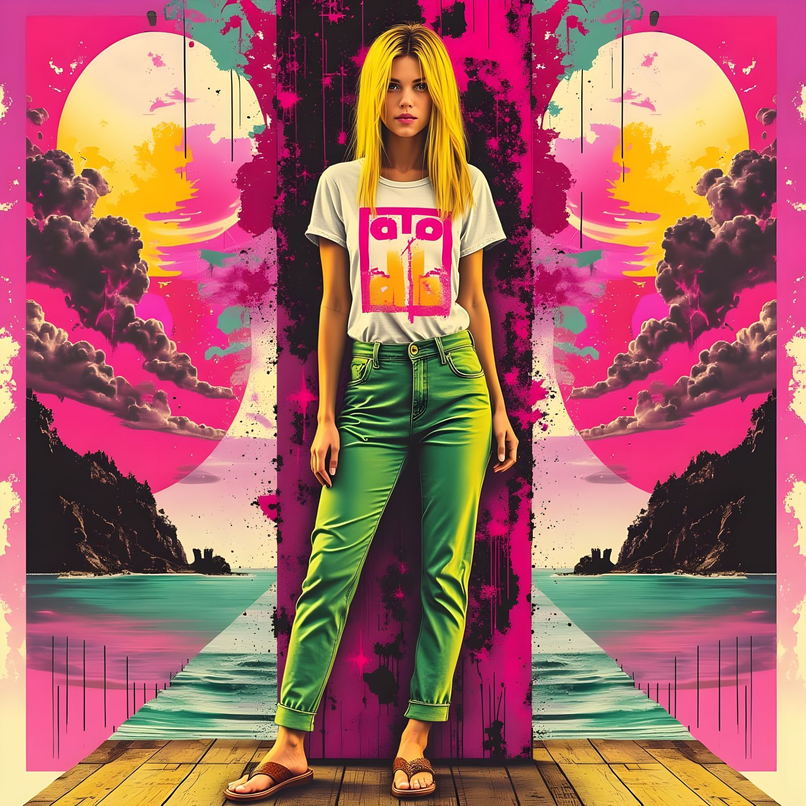 Woman in Vibrant Pop Art Style Wearing Green Capris and Conc...