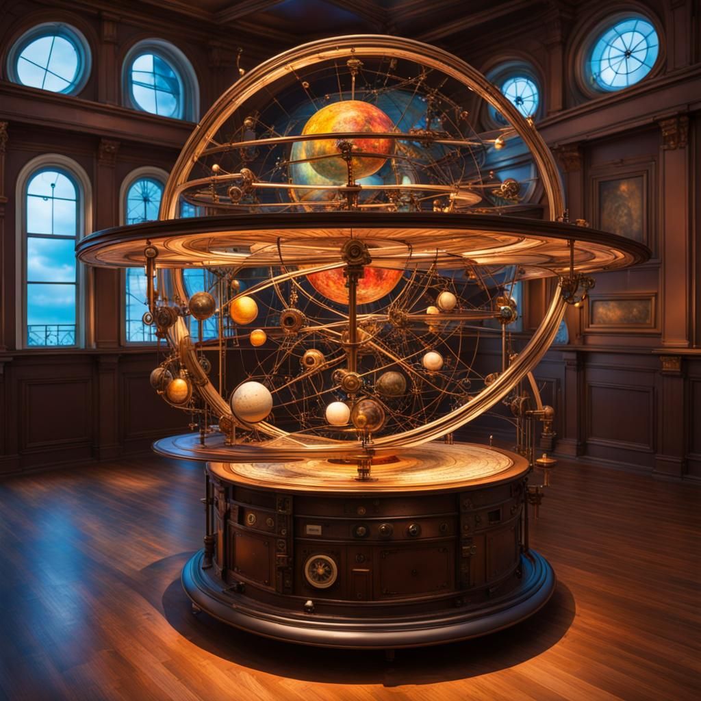 Intricate Steampunk Orrery in a Colorful Observatory