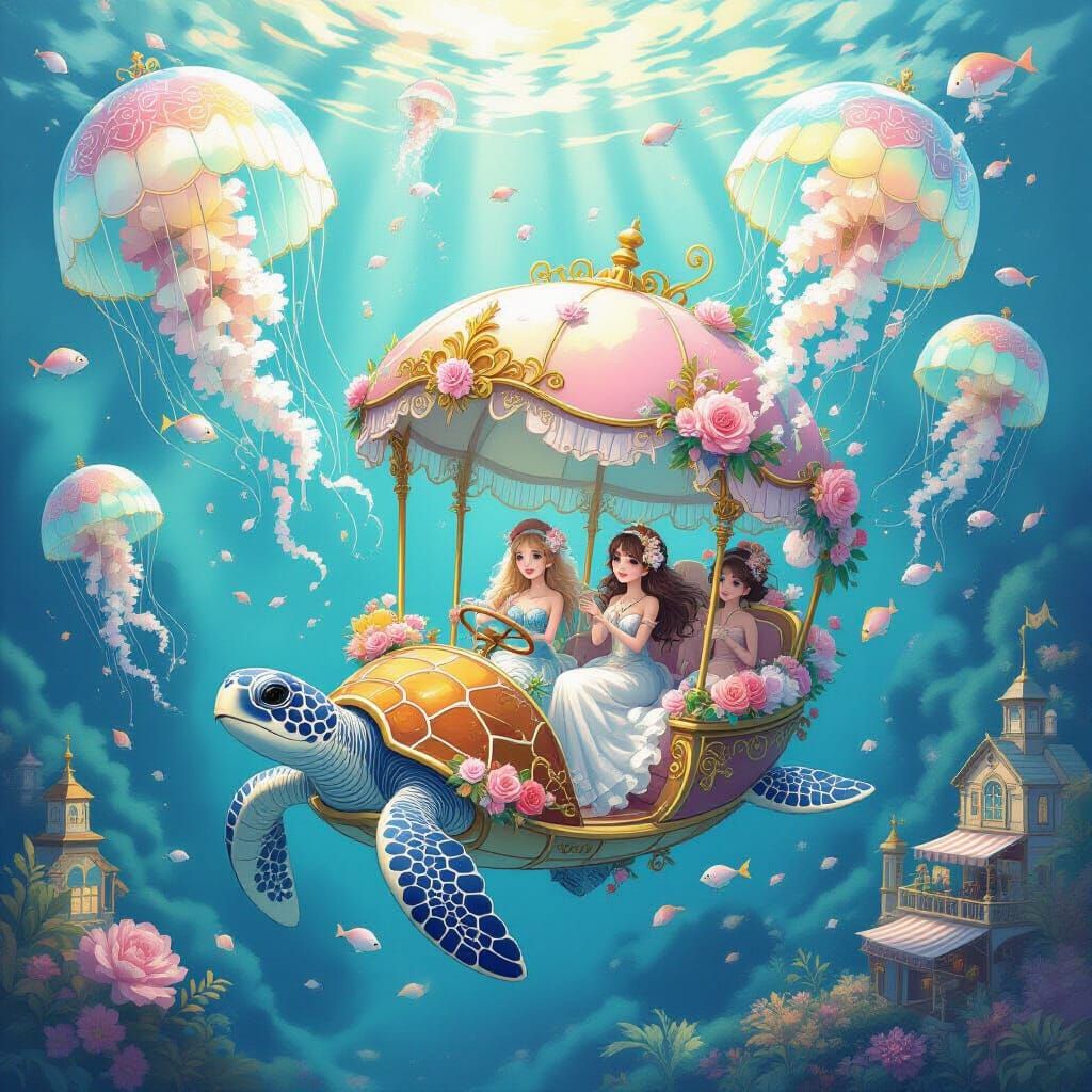 Underwater Fantasy: Jellyfish Umbrellas and Sea Turtle Taxi