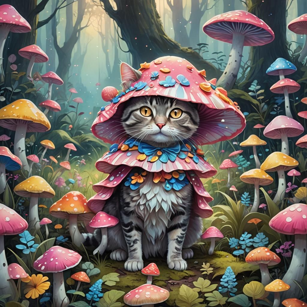 Cat in Mushroom Costume: Fantasy Art Nouveau Illustration