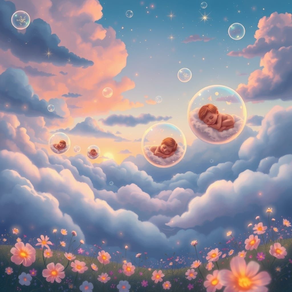 Pastel Twilight Landscape with Sleeping Children