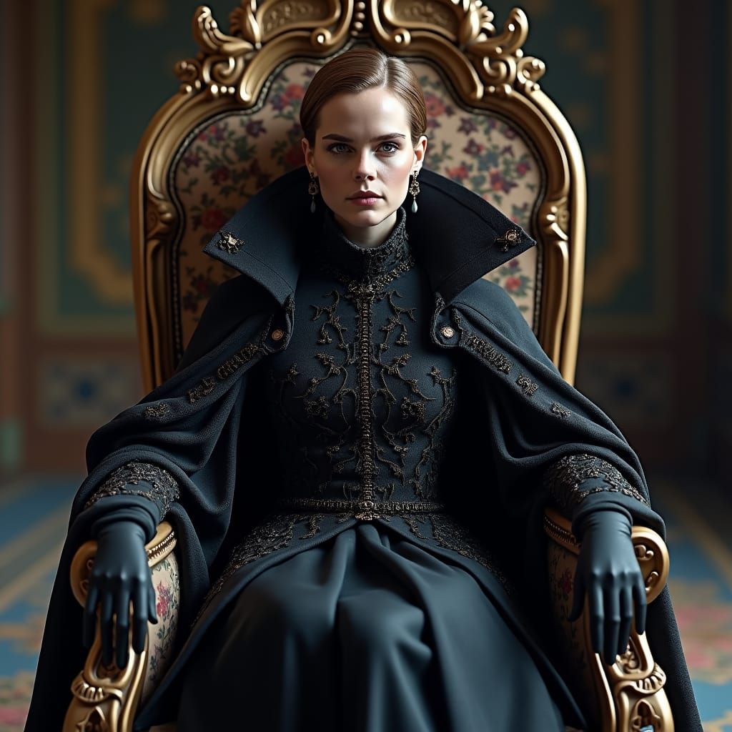 Goddess Emma Watson on Prada Throne in Gothic Style