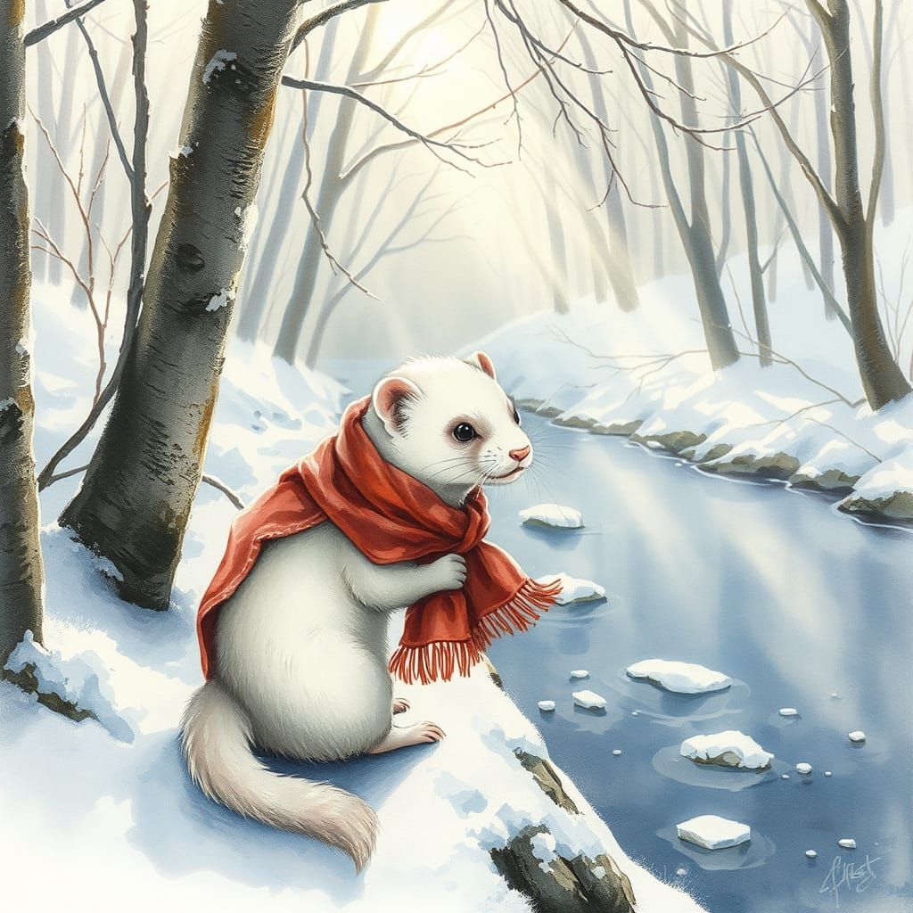 Ferret in Winter Wonderland: Watercolor Illustration