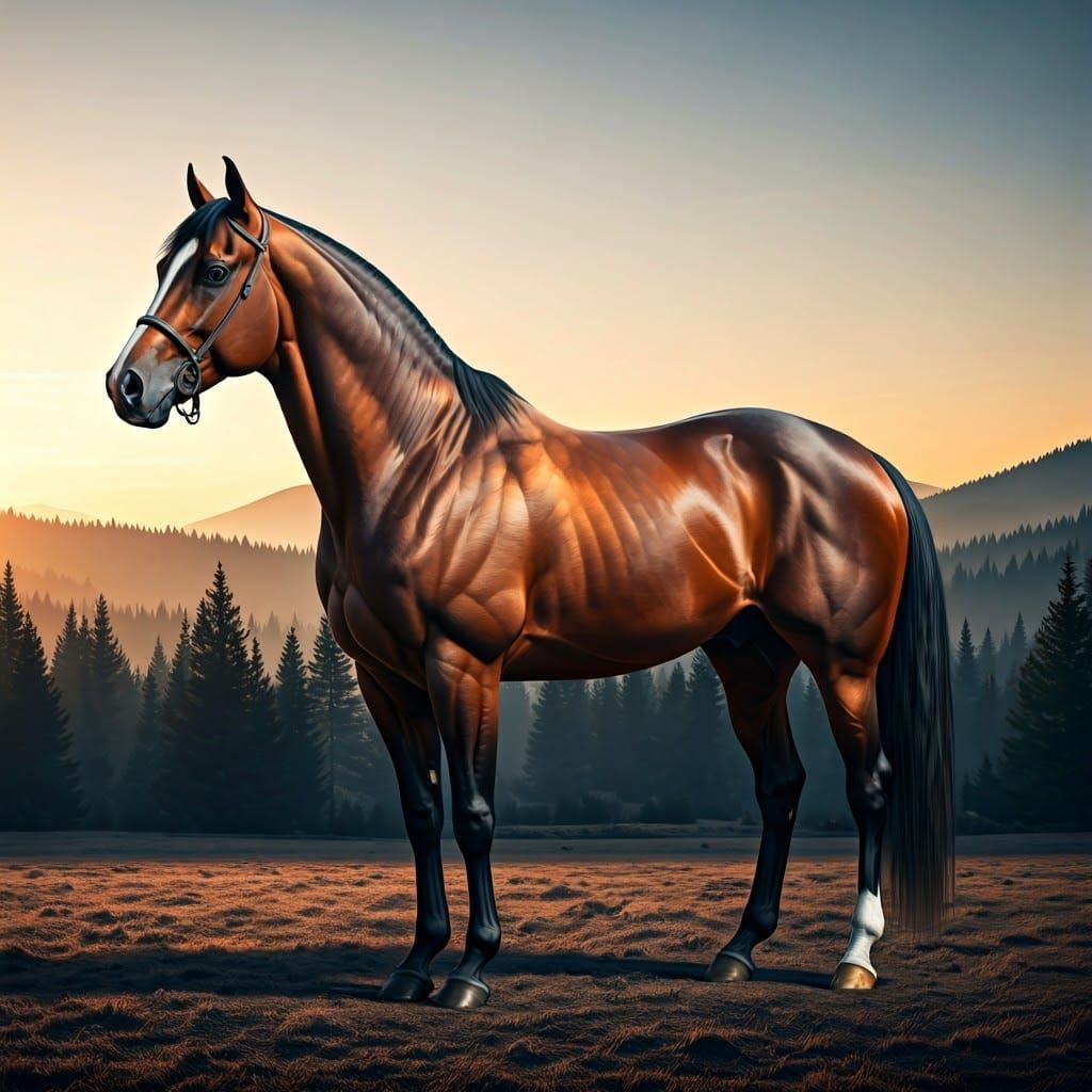 Surreal American Quarter Horse in a Futuristic Sunset Landsc...