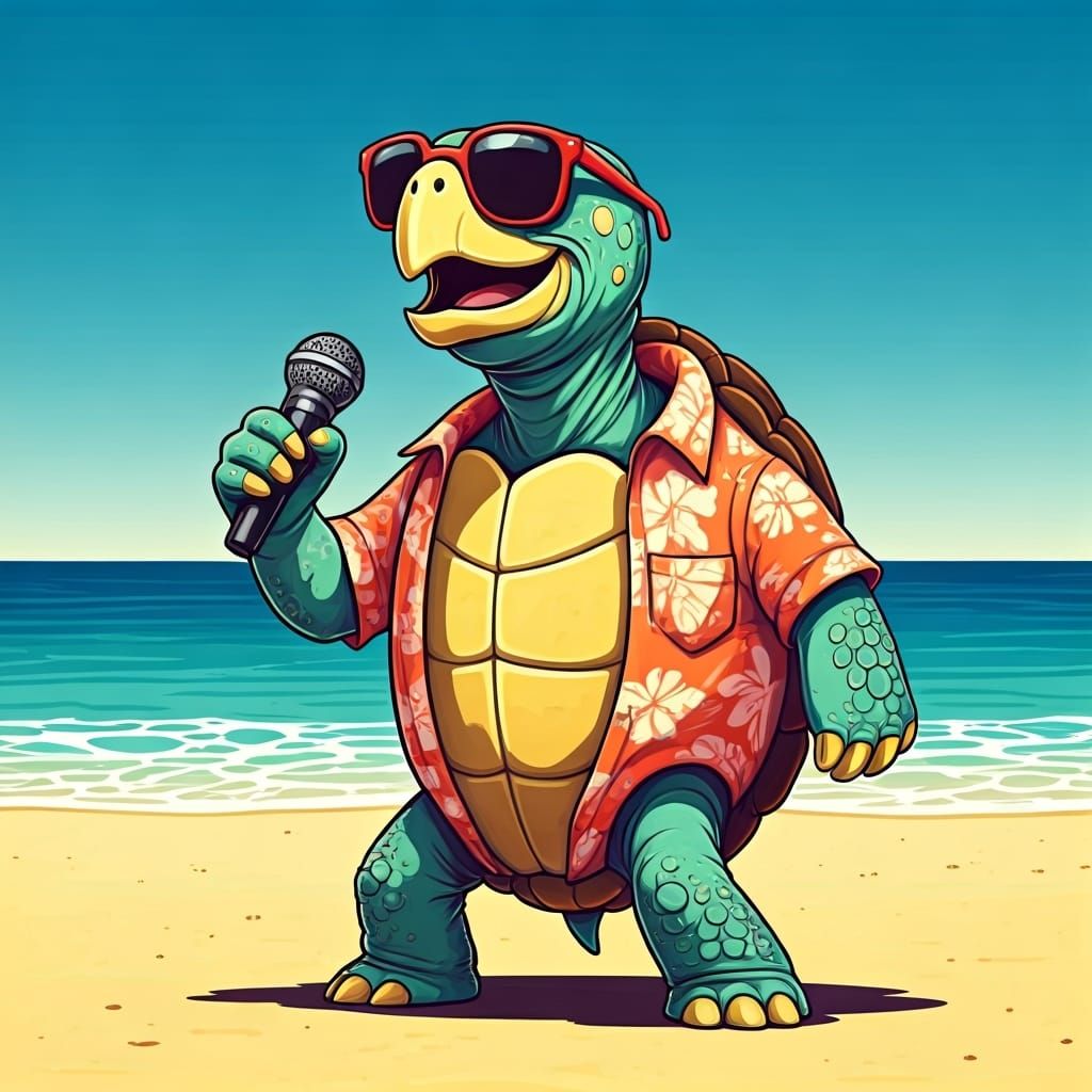 Singing Turtle on Sunny Beach, in Pop Surrealist Style