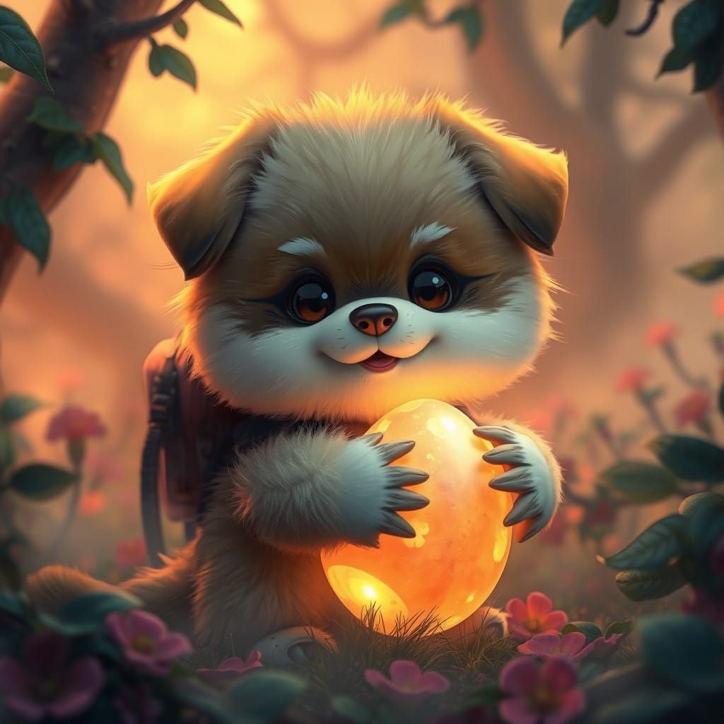 Whimsical Dog Hugs Glowing Egg in Enchanted Forest