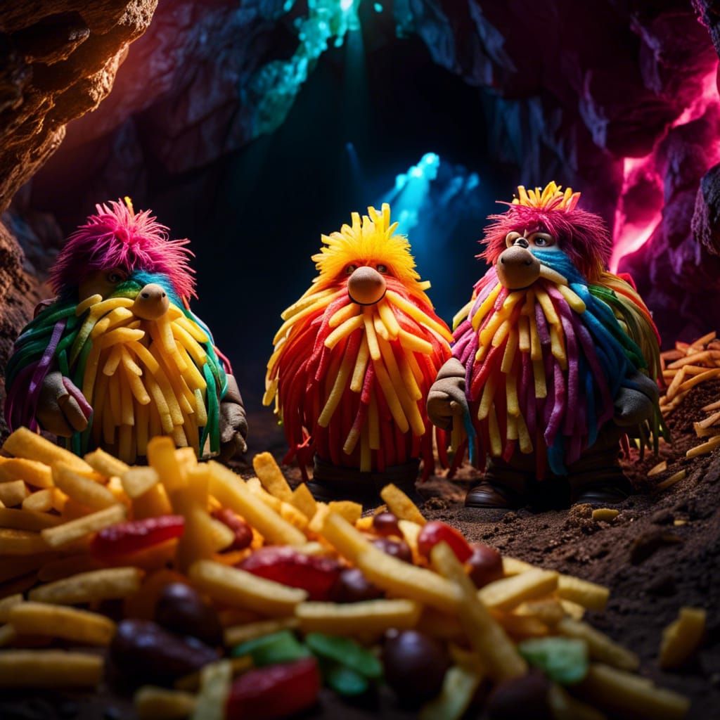 Colorful French Fry Dwarves Mining Potatoes in Cave