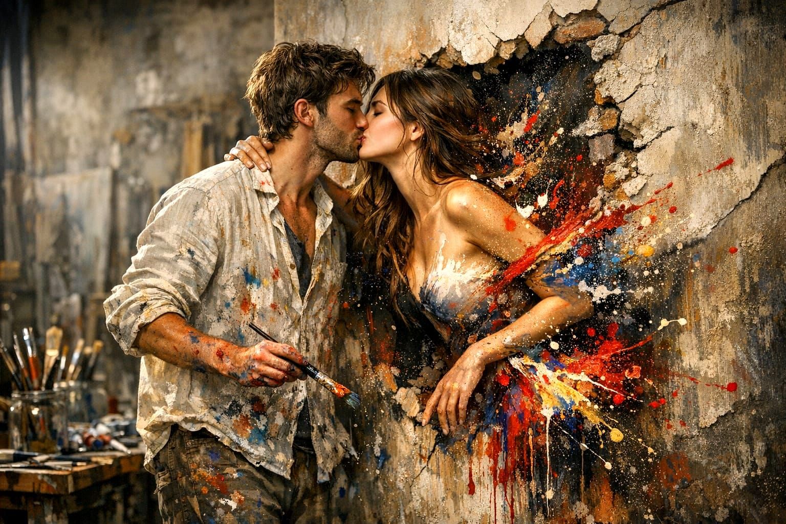 Art Emerges From Canvas in Hyperrealistic Studio Scene