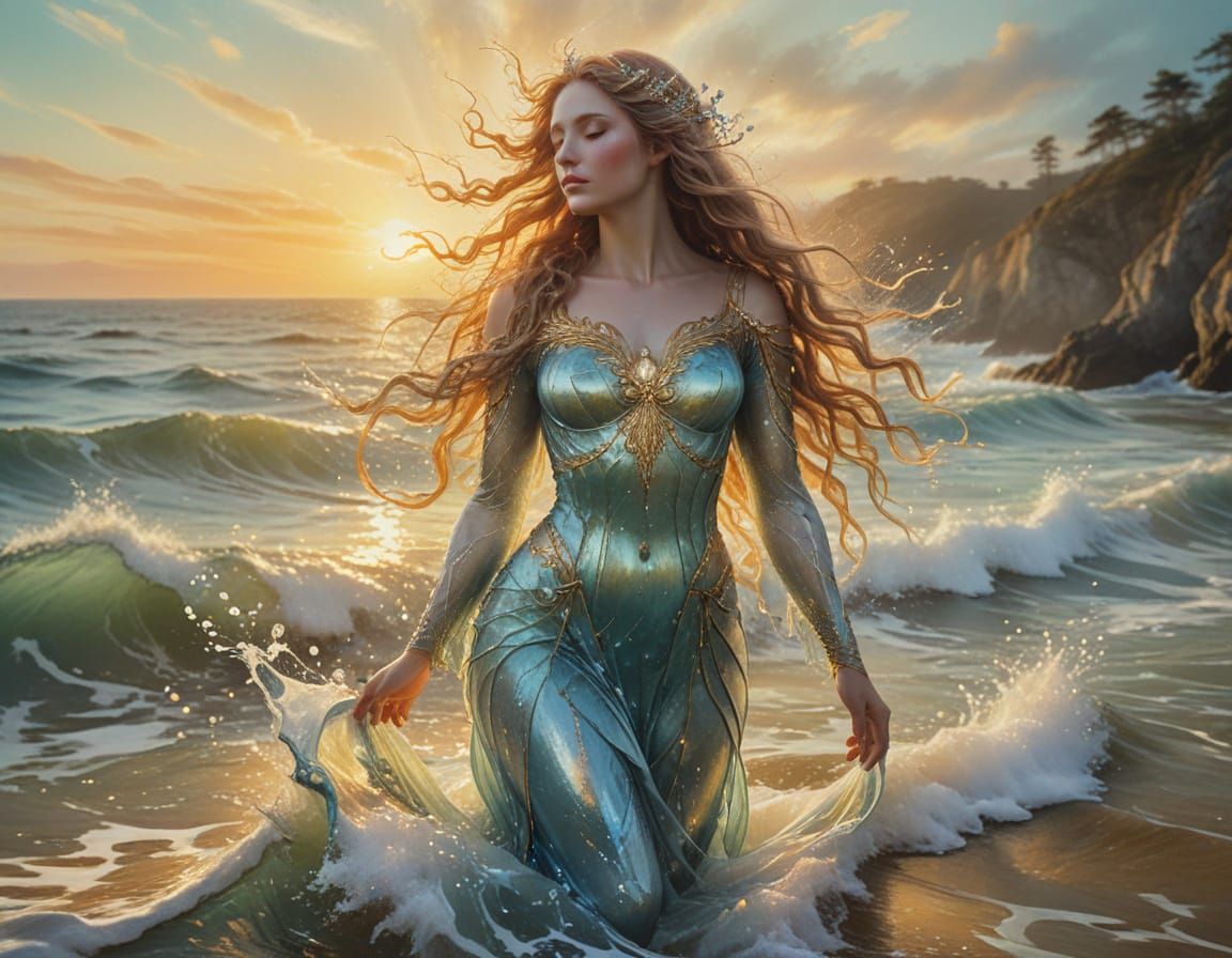 Ethereal Goddess Rises from the Ocean's Surface