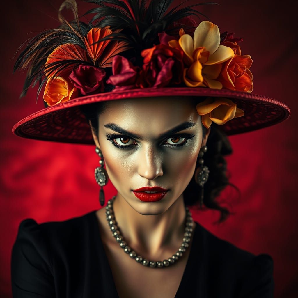 Mysterious Woman in Exotic Hat with Piercing Eyes