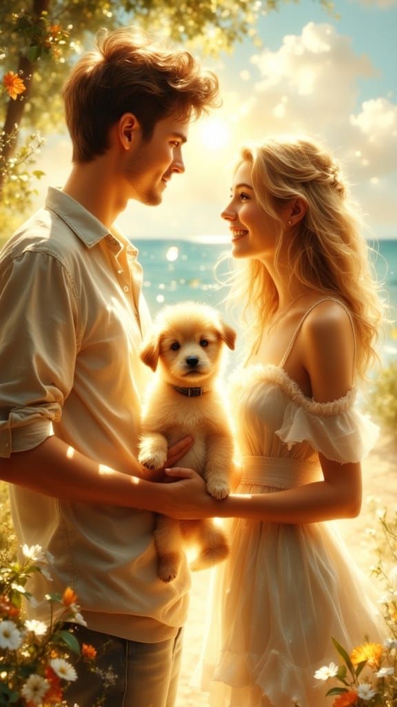 Couple with Puppy in Sunlit Park: Hyperrealistic Illustratio...