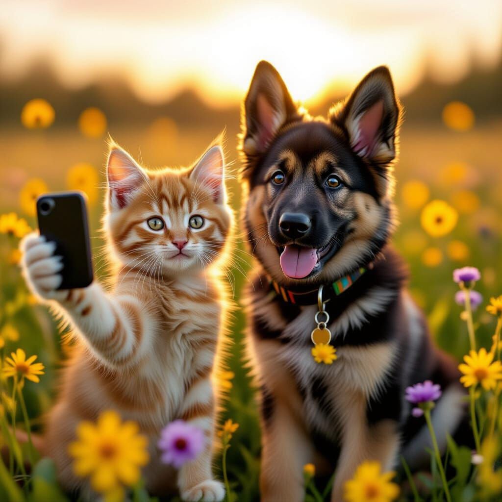 Kitten and Puppy Take a Selfie in Wildflower Field