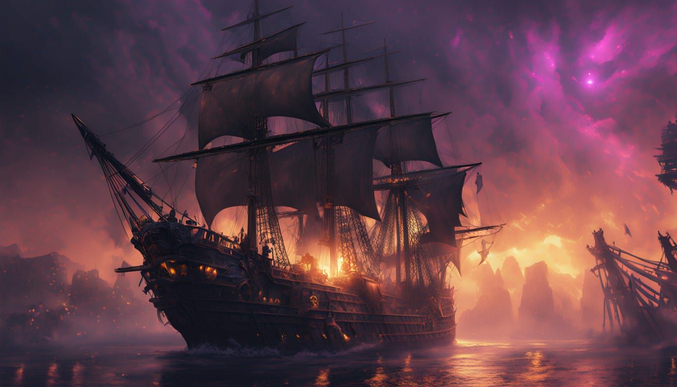 Ancient Pirate Vessel Rises from the Fog in a Dark Fantasy C...