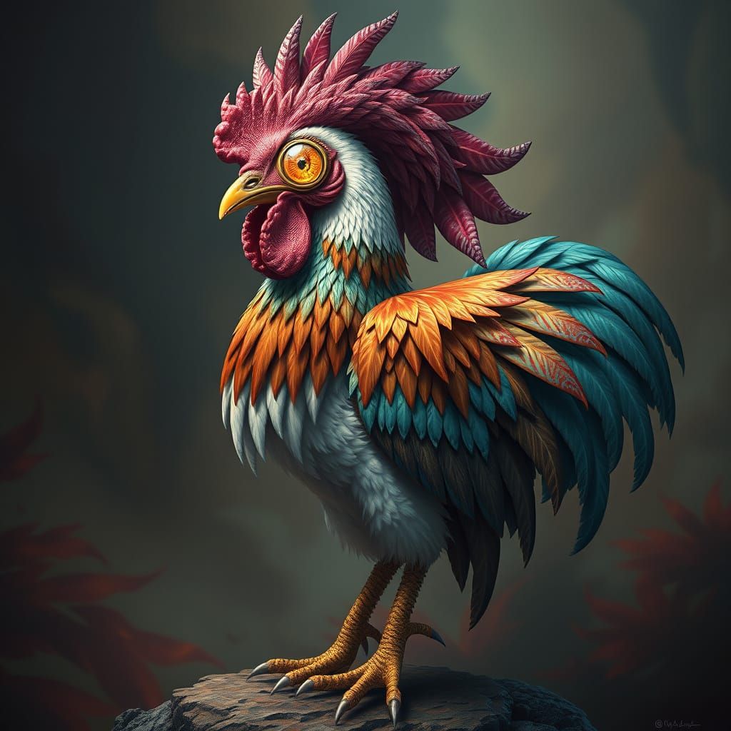 Mystical Human-Chicken Hybrid Goddess in Greek Cyclops Style