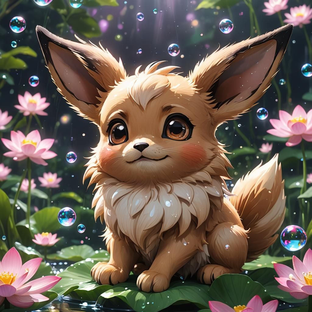 Happy Chibi Eevee on Lotus Blossom: Anime Art