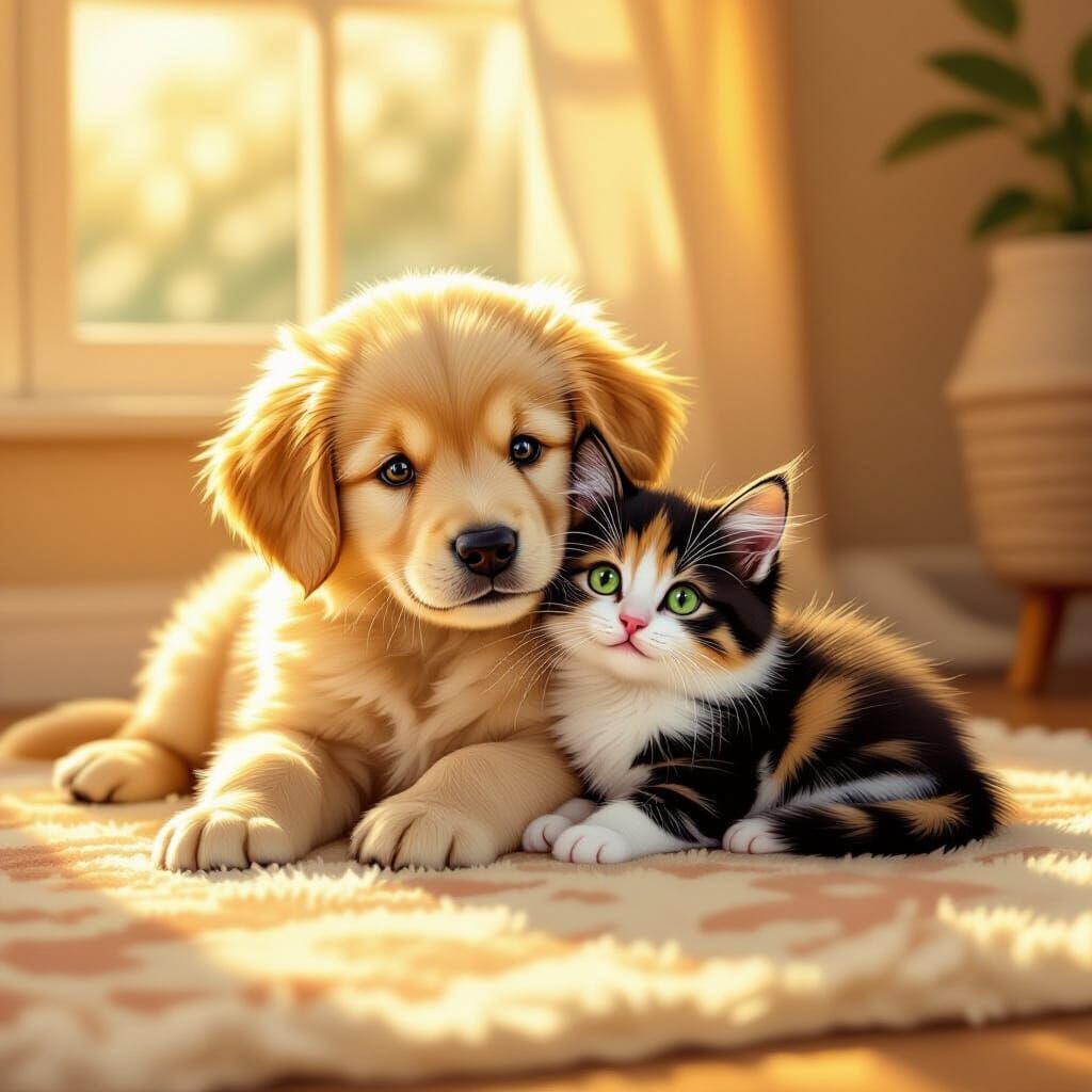 Fluffy Puppy and Kitten Cuddling in Sunlit Room
