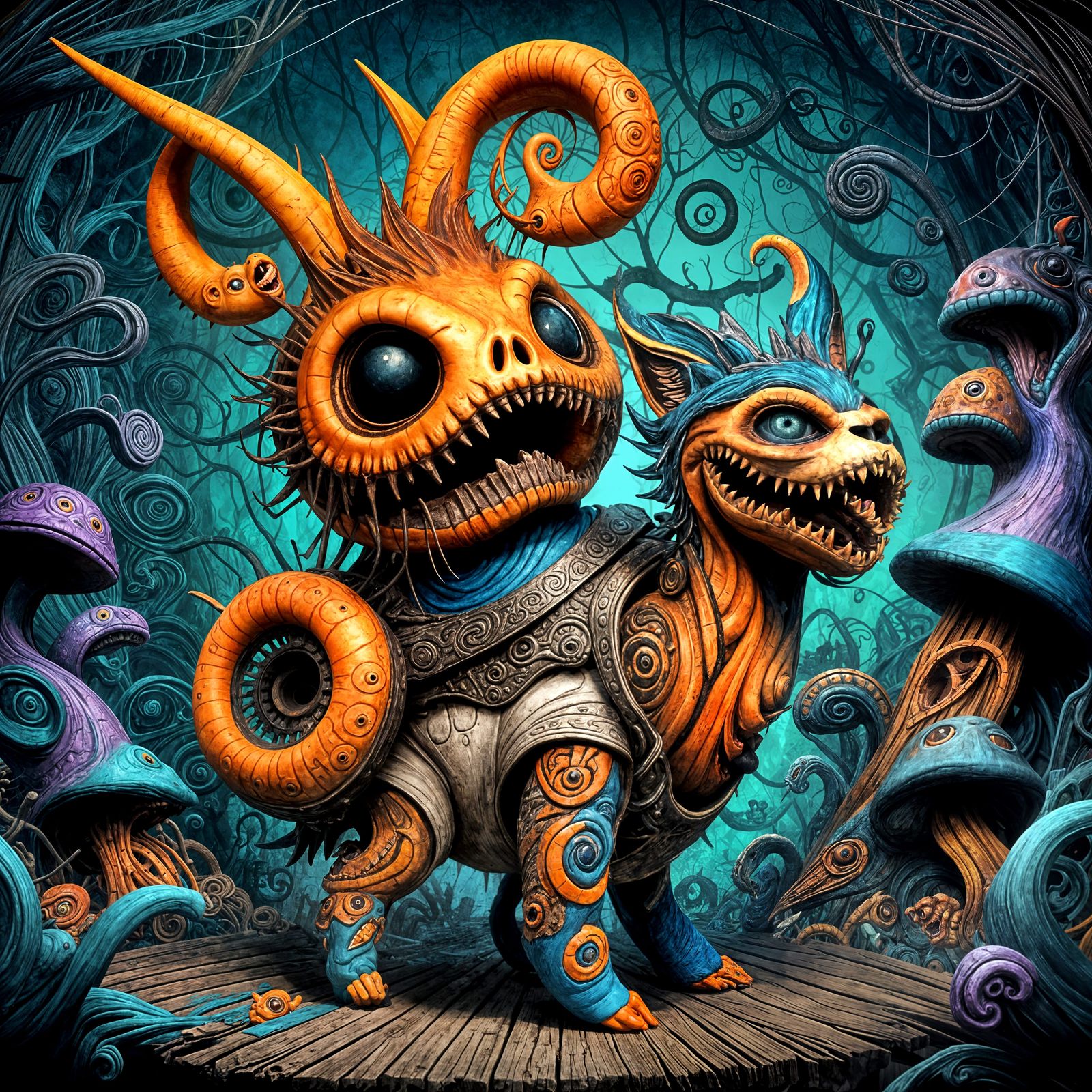 Emotive Alebrije and Cyborg on Twisted Bridge