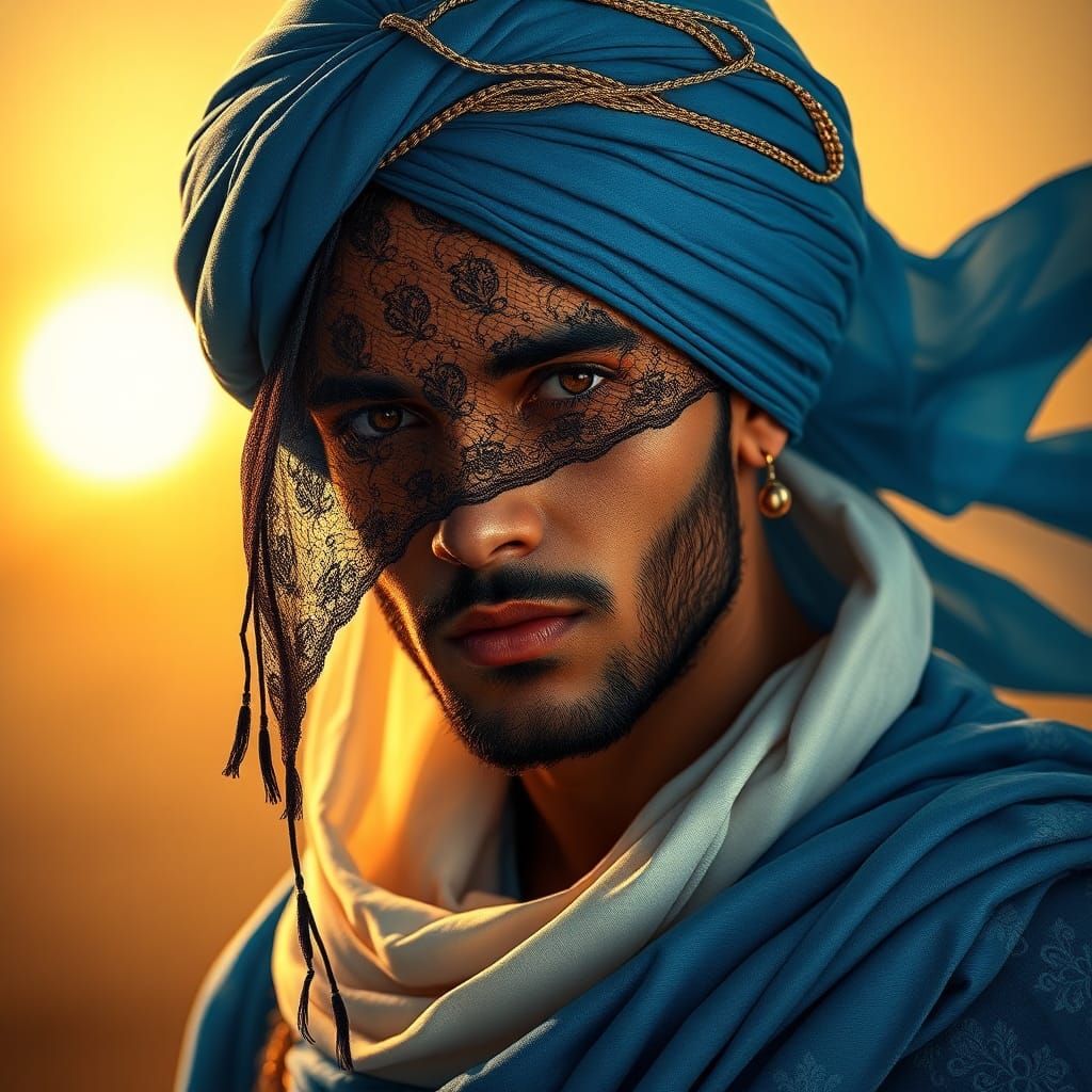 Mysterious Arabian Man in Cerulean Turban
