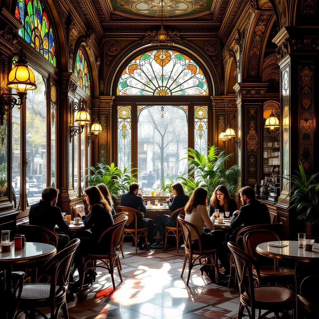 Opulent Art Nouveau Cafe Interior with Dramatic Lighting