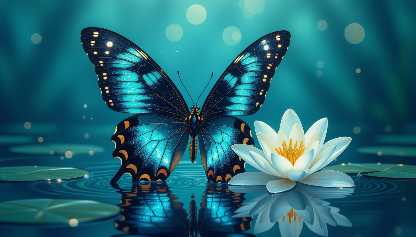 Luminous Butterfly on Lily Pad at Dusk