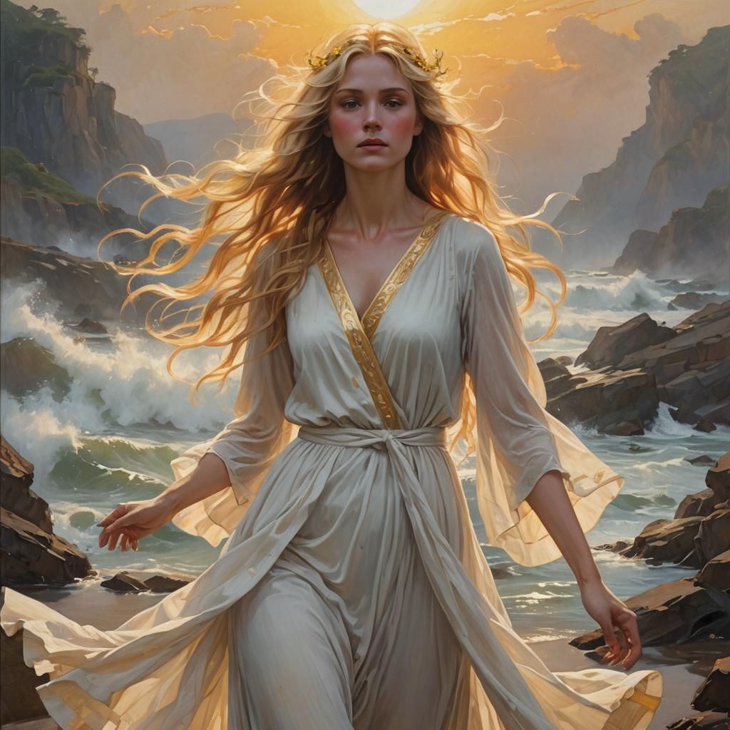 Golden-Haired Girl in White Dress: Radiant Oil Painting