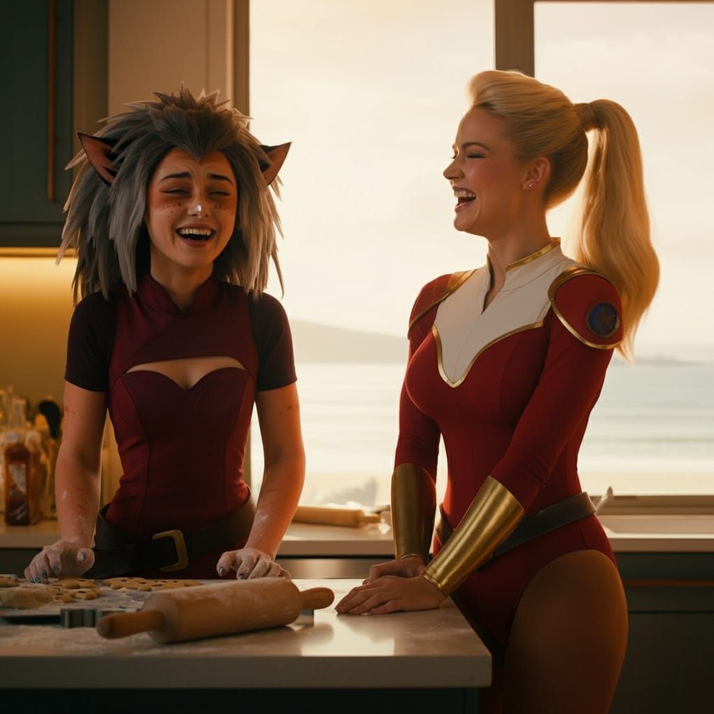 Joyful Moment of Friendship in a Beachside Kitchen