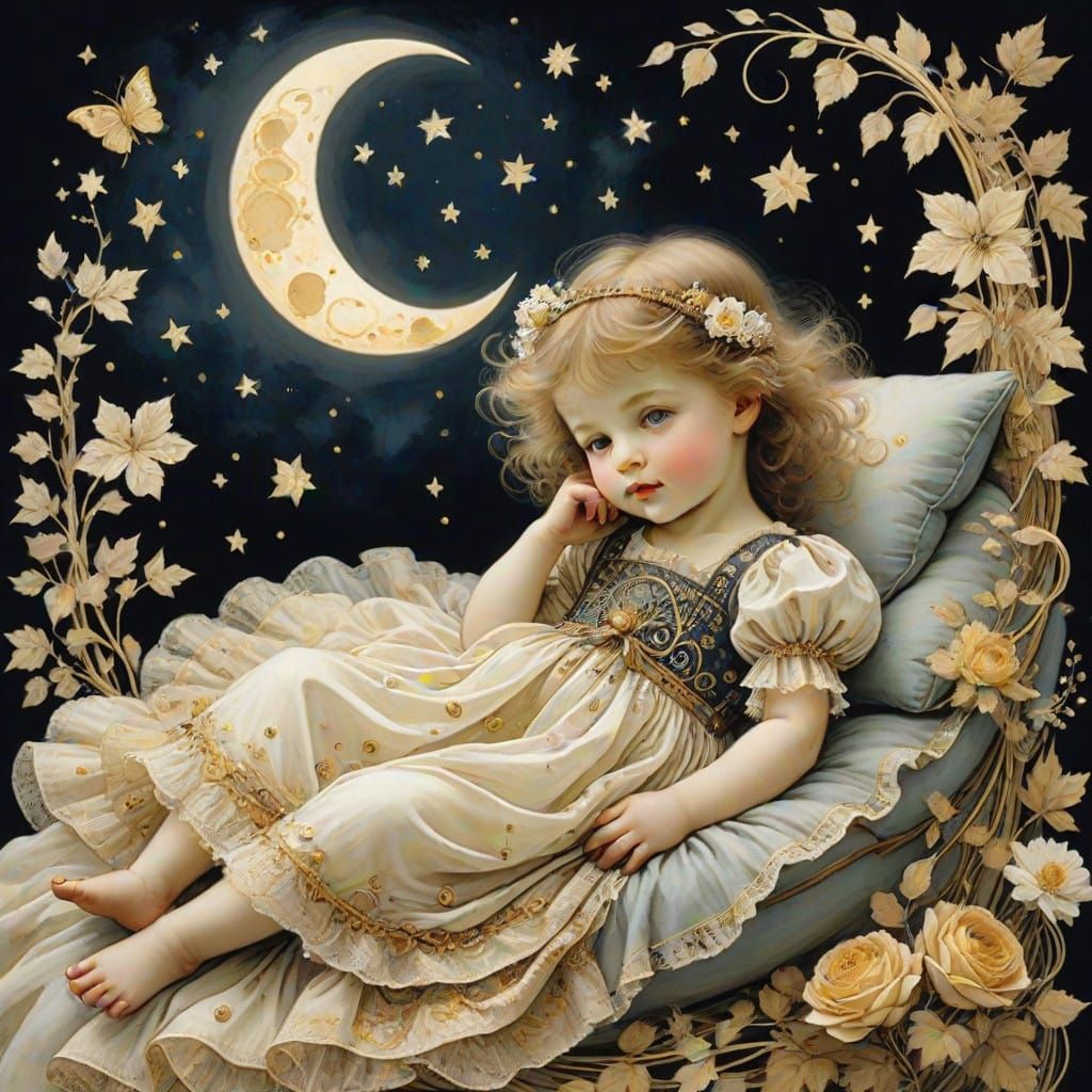 Golden Frame with Embroidered Corners, a Dreamy Moonlit Scen...