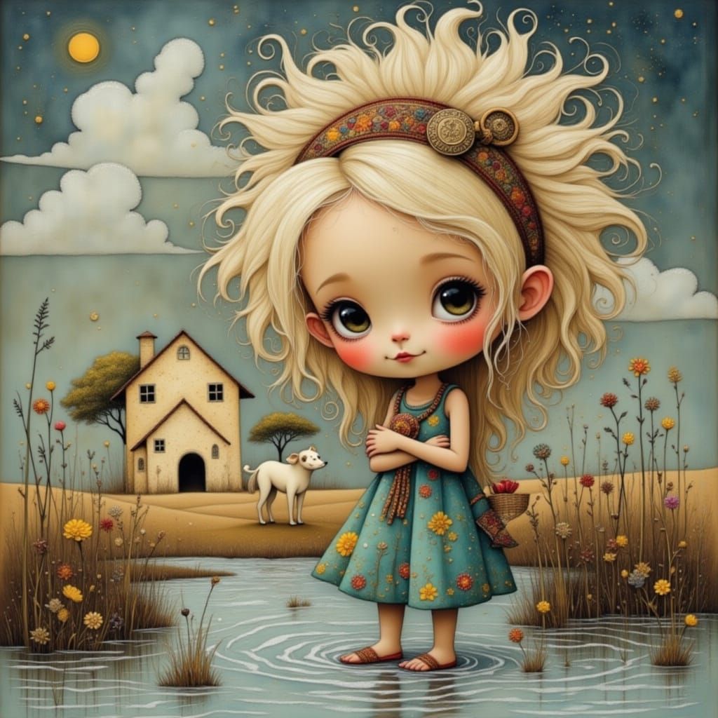 Girl Playing with Dog in Ethereal Abstract Style