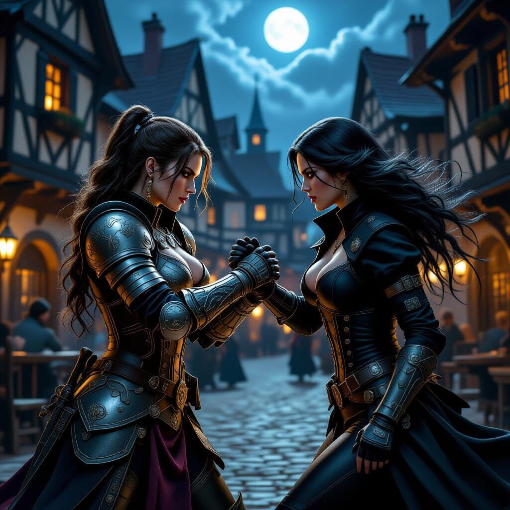 Steampunk Warrior Battles Shadowy Foe in Moonlit Courtyard