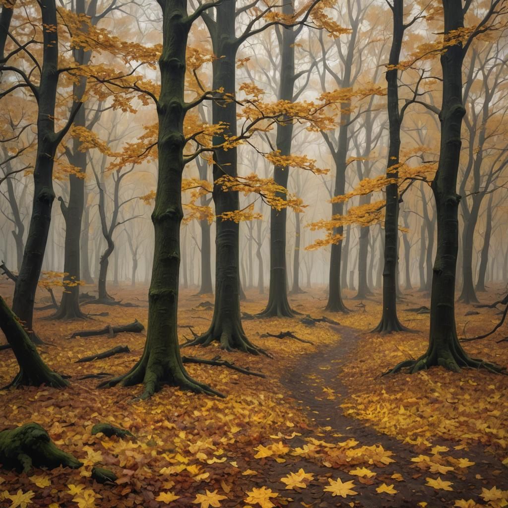Autumn Oak Forest on Rainy Day with Warm Colors