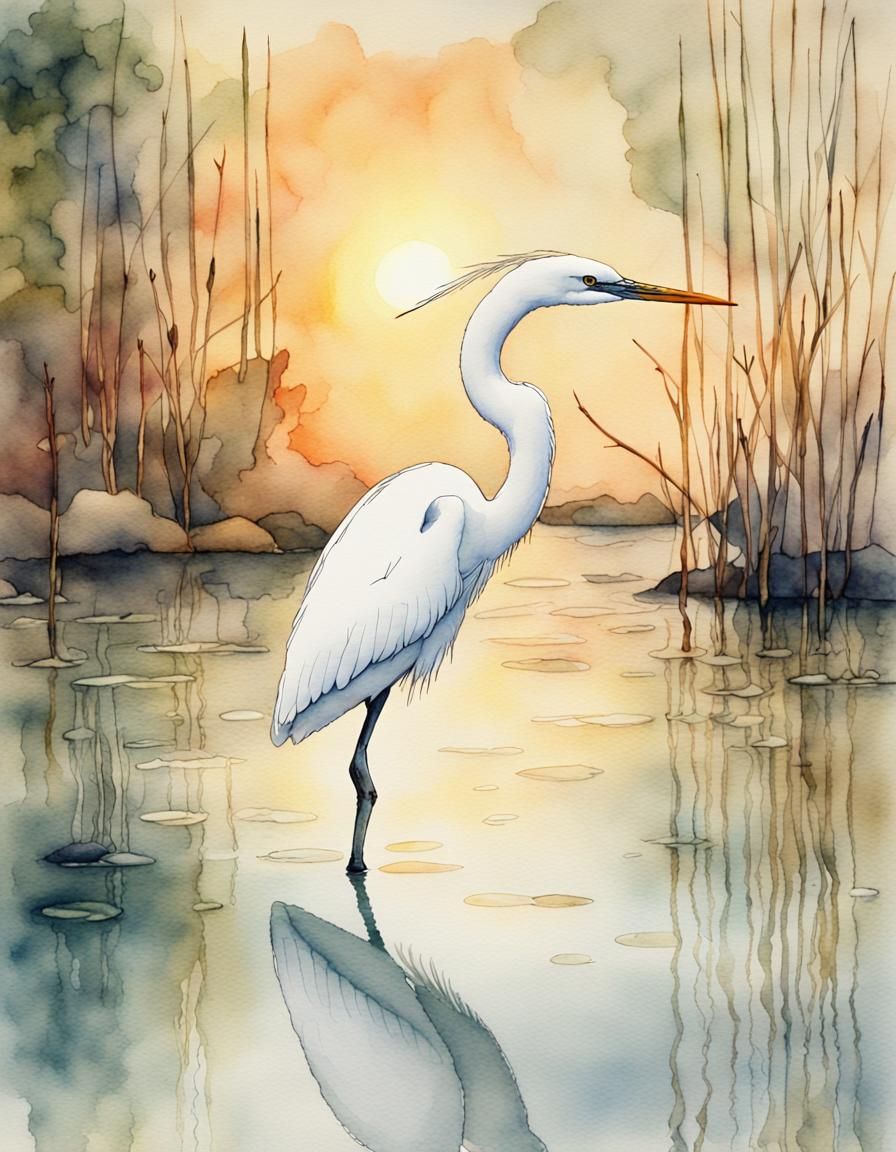 White Heron in Lake: Watercolor and Ink Painting