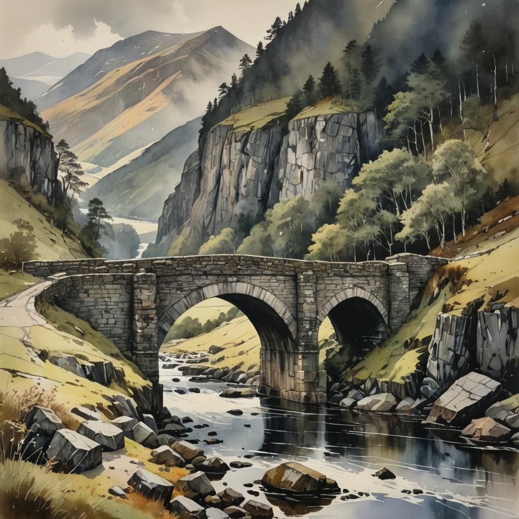 Scottish Highlands Bridge in Watercolor Style
