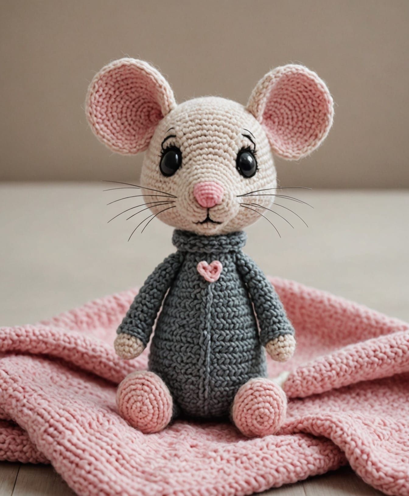 Shy Mouse Amigurumi on Knitted Blanket