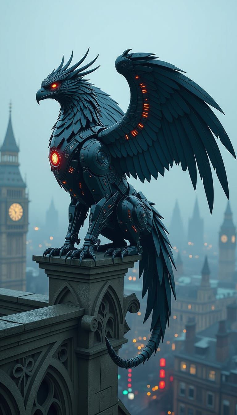 Cyberpunk Griffin on Gargoyle in Foggy London