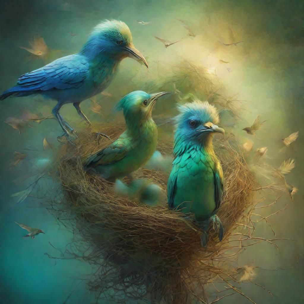 Birds Nesting on Alien Head: Surreal Portrait