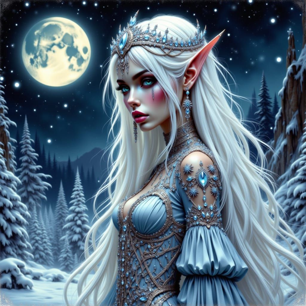 Ethereal Elven Woman in Frosty Nightscape