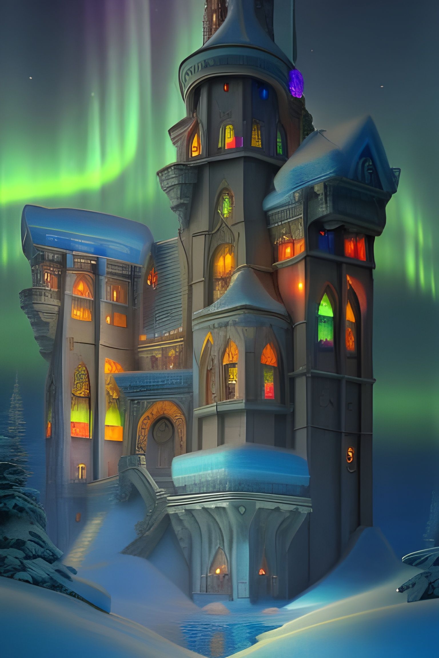 Chromatic Wintercore Castle Under Aurora Borealis