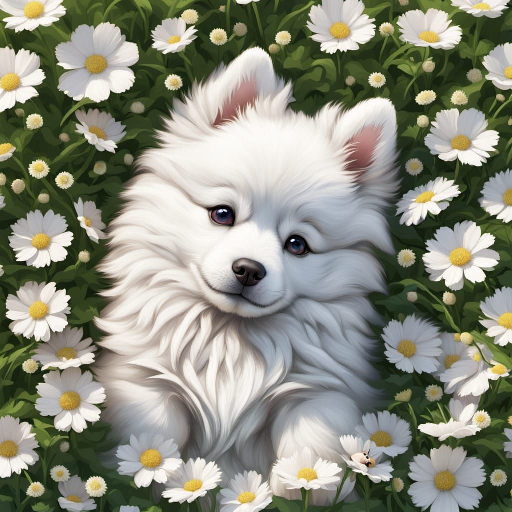Japanese Spitzdog in a Vibrant Floral Meadow