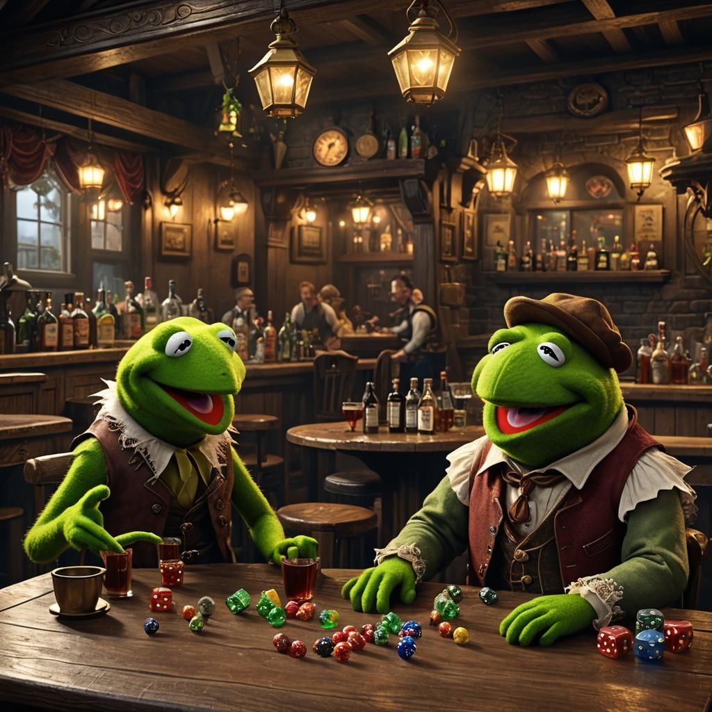 Kermit and Fozzy Bear in Tavern, Dark Fantasy Art