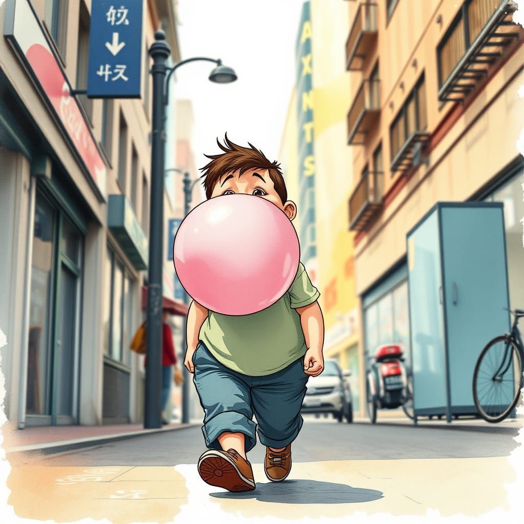 Fat Boy Blows Big Bubblegum Bubble in Vibrant City Street Sc...