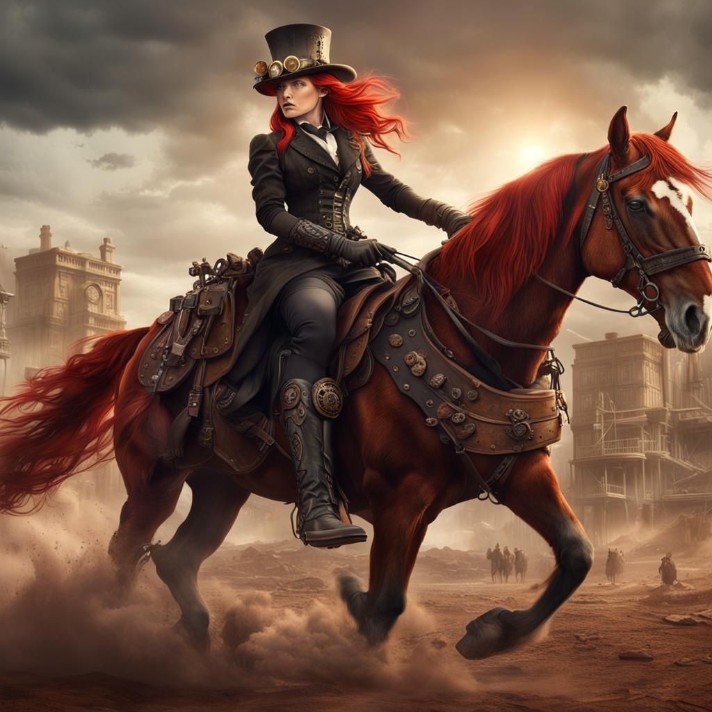 Steampunk Gunslinger on Horseback: Detailed Matte Painting