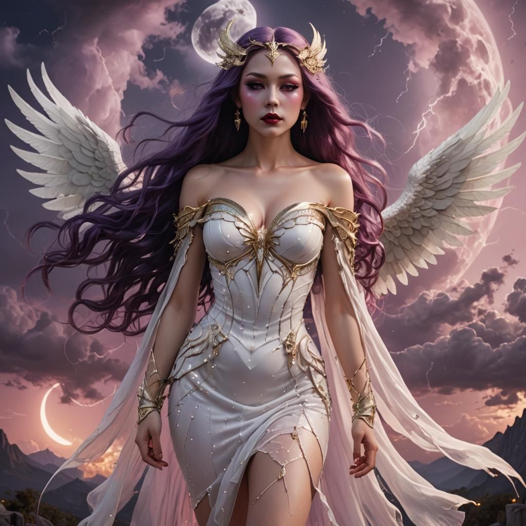 Winged Goddess with Crystal Wings in Moonlit Sky
