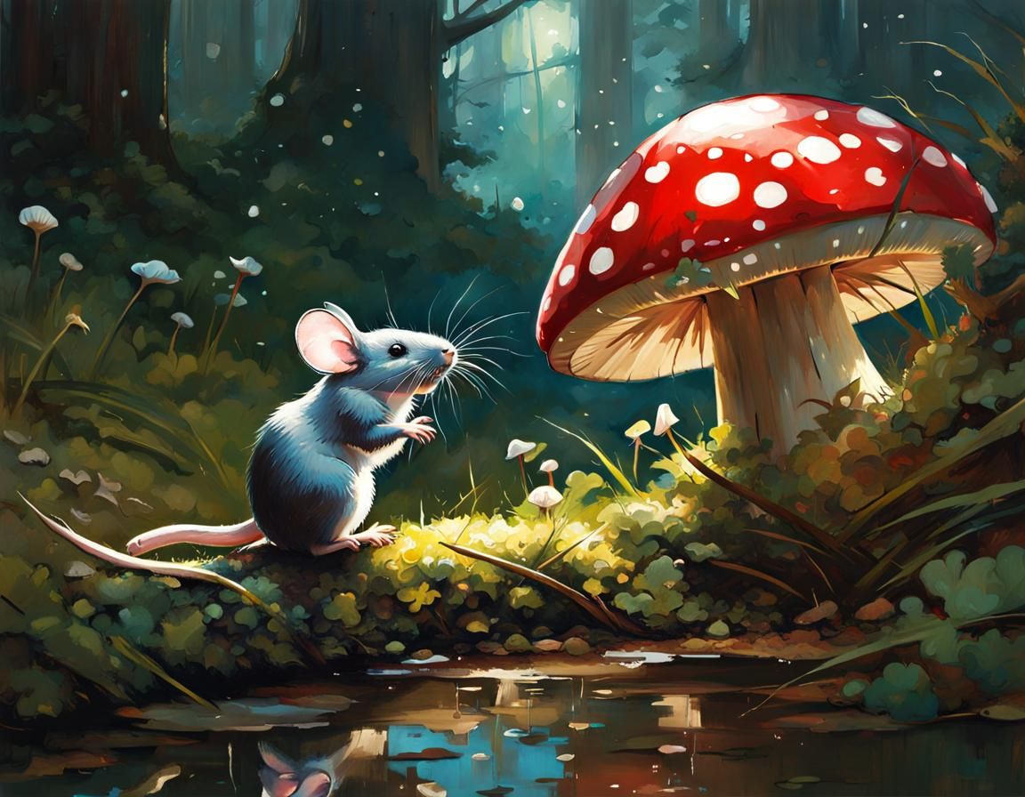 Mouse Hiding Under Toadstool in Manga Style