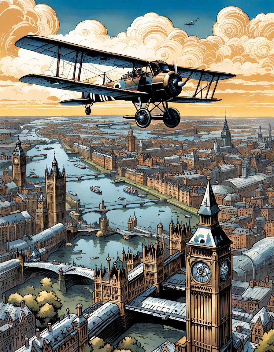 Fokker D.VIII Over London in Comic Book Art