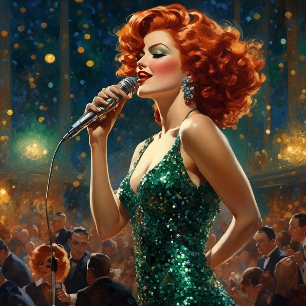 Femme Fatale Sings in Cabaret, Retro Pin-Up Style