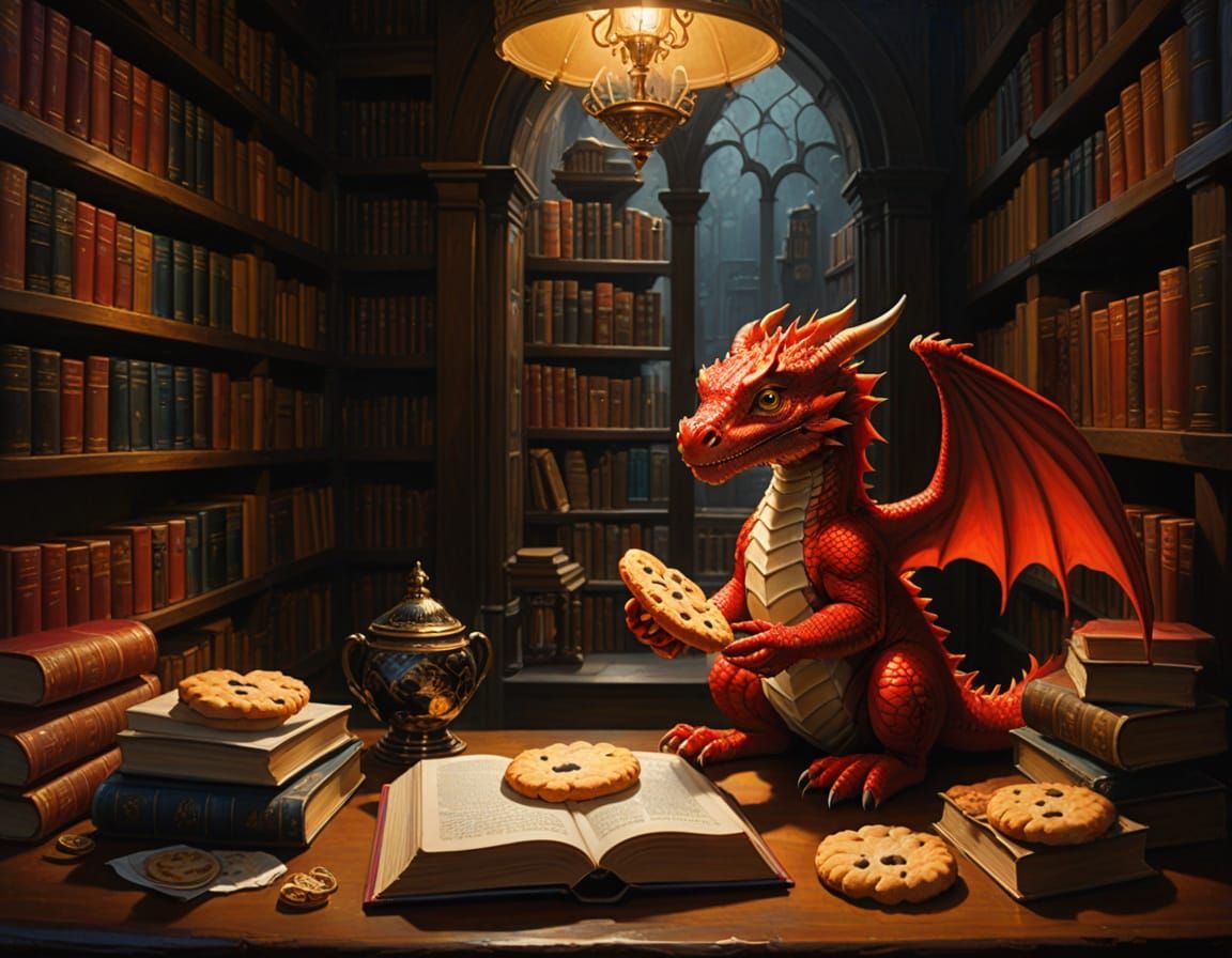 Whimsical Fantasy Scene of a Dragonling in a Magic Library