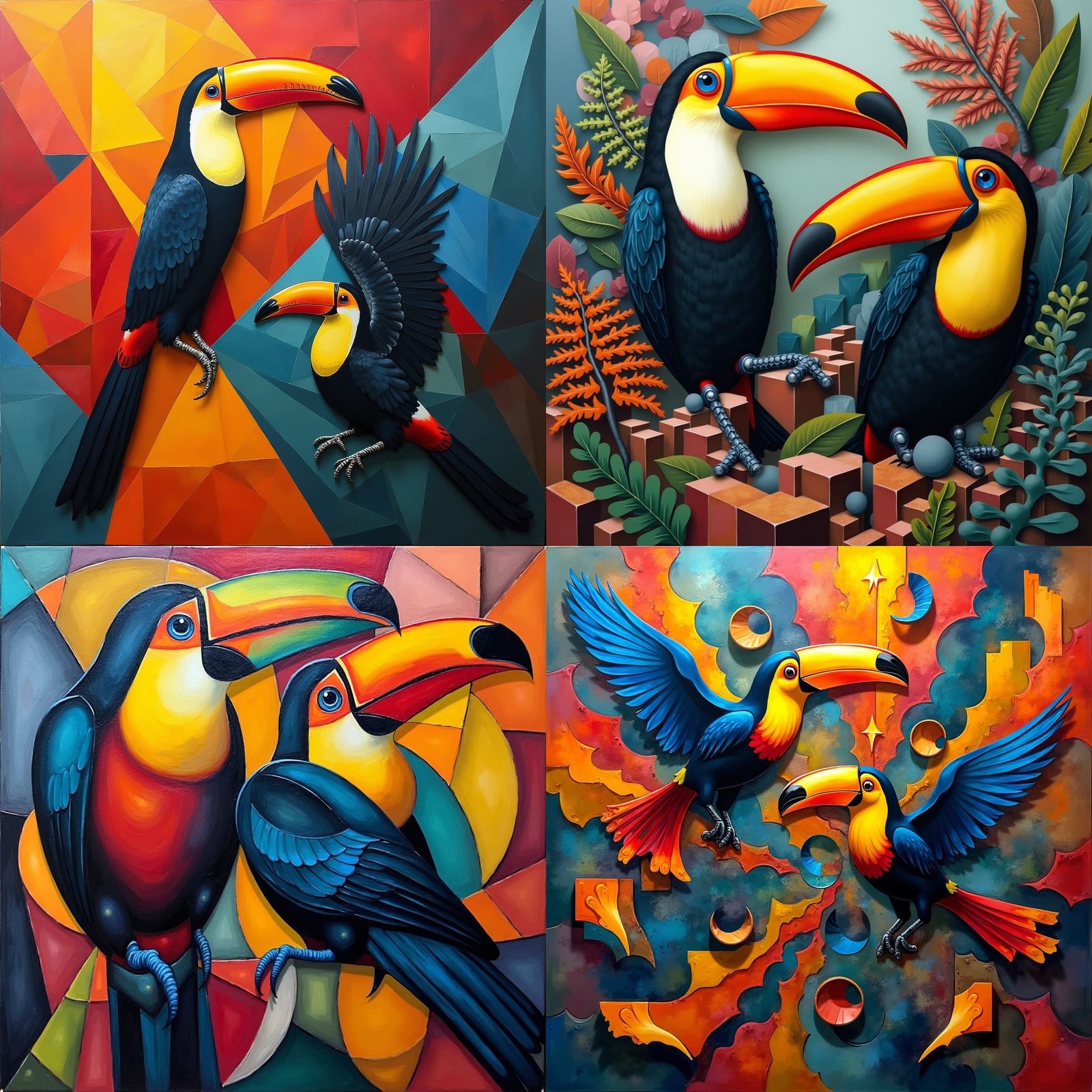 Vibrant Toucan Birds in Geometric Cubist Style
