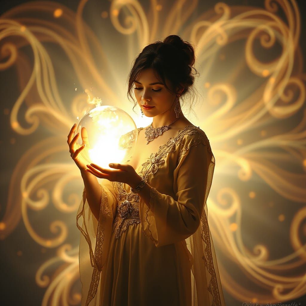 Elegant Woman with Luminous Orb in Art Nouveau Style
